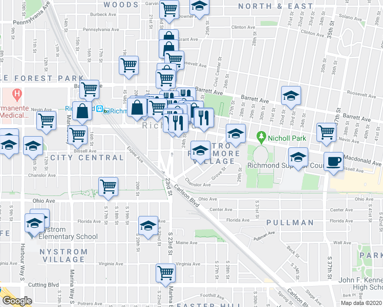 map of restaurants, bars, coffee shops, grocery stores, and more near 175 25th Street in Richmond