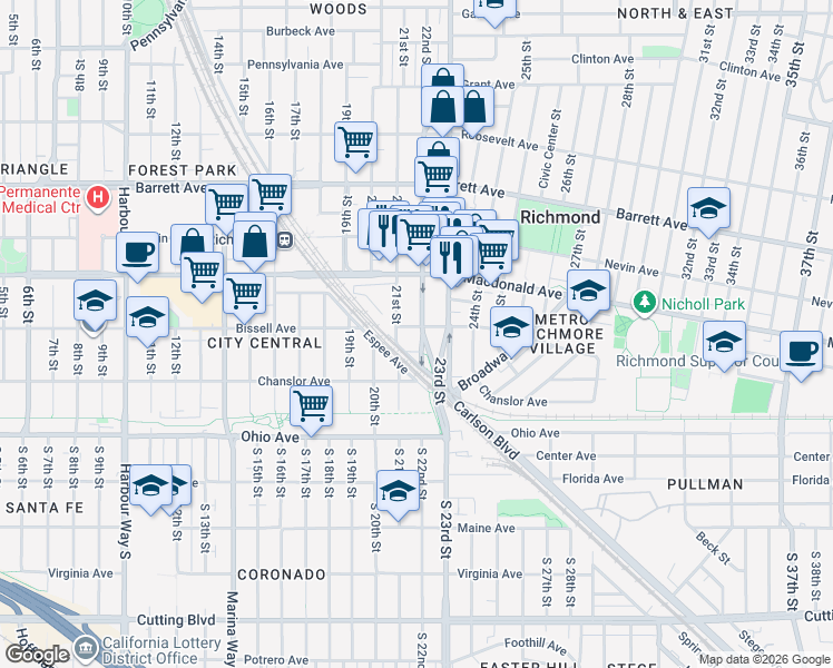 map of restaurants, bars, coffee shops, grocery stores, and more near 165 22nd Street in Richmond