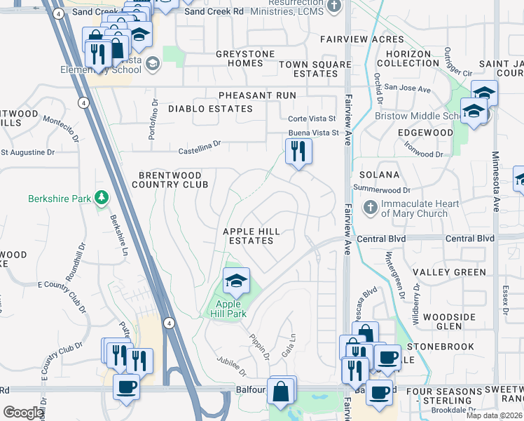 map of restaurants, bars, coffee shops, grocery stores, and more near 665 Rutherford Circle in Brentwood