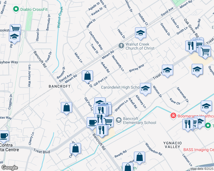 map of restaurants, bars, coffee shops, grocery stores, and more near 1759 Crescent Drive in Walnut Creek