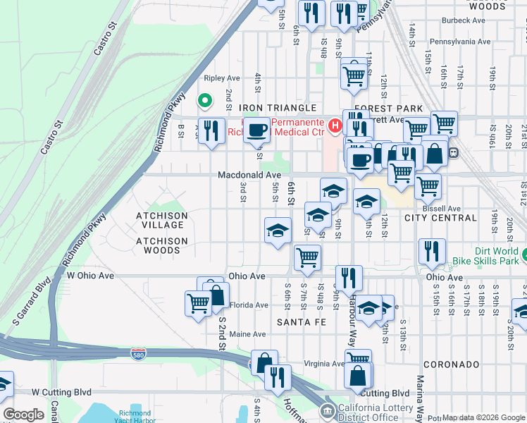 map of restaurants, bars, coffee shops, grocery stores, and more near 400 Bissell Avenue in Richmond