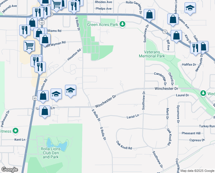 map of restaurants, bars, coffee shops, grocery stores, and more near 310 Victoria Lane in Rolla