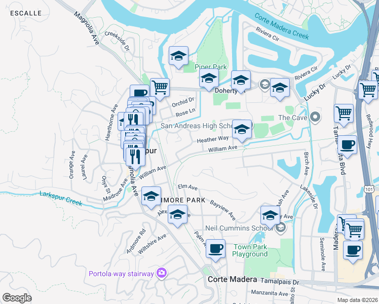 map of restaurants, bars, coffee shops, grocery stores, and more near 200 Acacia Avenue in Larkspur