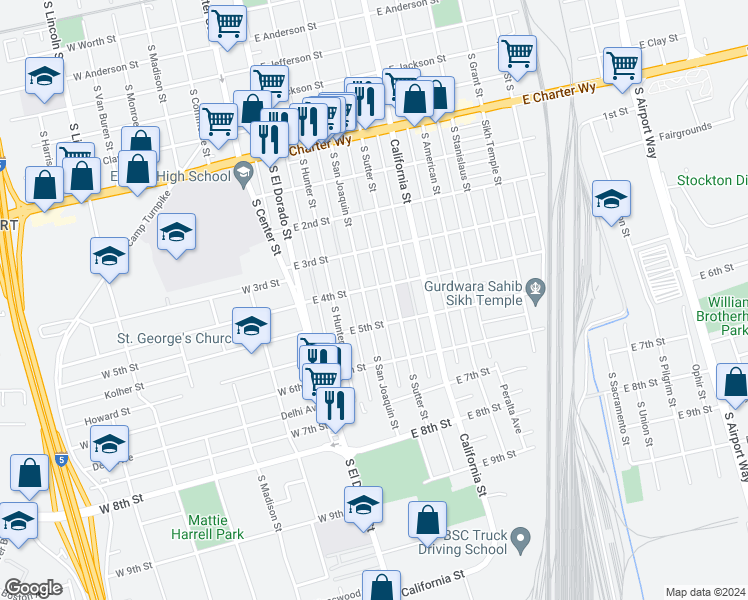 map of restaurants, bars, coffee shops, grocery stores, and more near 321 East 5th Street in Stockton
