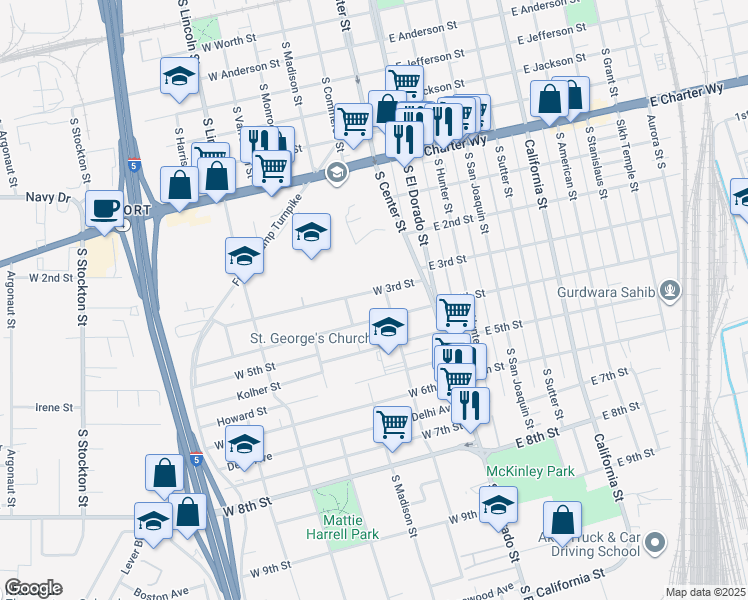 map of restaurants, bars, coffee shops, grocery stores, and more near 1771 South Commerce Street in Stockton