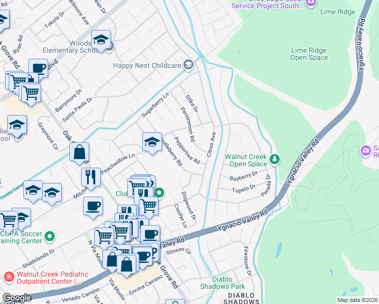 map of restaurants, bars, coffee shops, grocery stores, and more near 401 Peppertree Road in Walnut Creek
