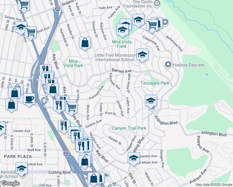 map of restaurants, bars, coffee shops, grocery stores, and more near 5680 Ludwig Avenue in El Cerrito