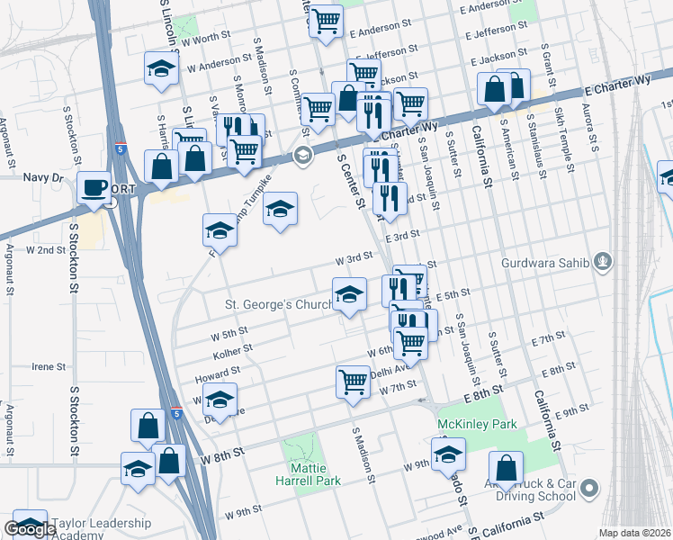map of restaurants, bars, coffee shops, grocery stores, and more near 1771 South Commerce Street in Stockton