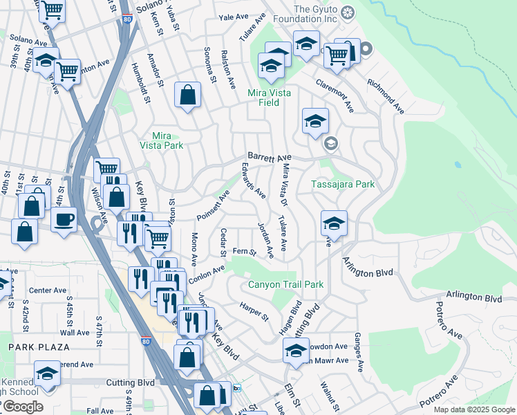 map of restaurants, bars, coffee shops, grocery stores, and more near 5680 Ludwig Avenue in El Cerrito