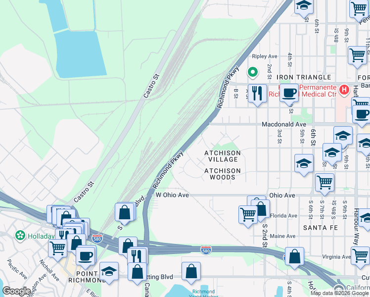 map of restaurants, bars, coffee shops, grocery stores, and more near 130 Garrard Boulevard in Richmond