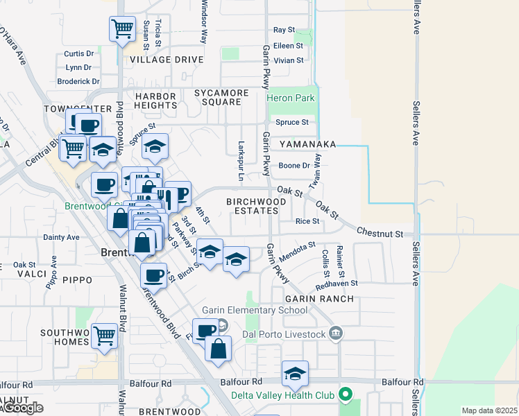 map of restaurants, bars, coffee shops, grocery stores, and more near 587 Birchwood Road in Brentwood