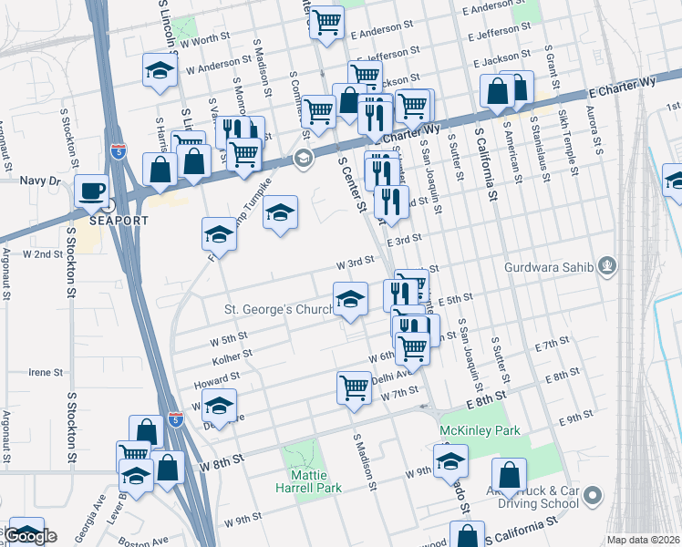 map of restaurants, bars, coffee shops, grocery stores, and more near 1771 South Commerce Street in Stockton