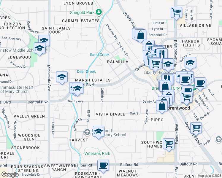 map of restaurants, bars, coffee shops, grocery stores, and more near 524 Bougainvilla Court in Brentwood