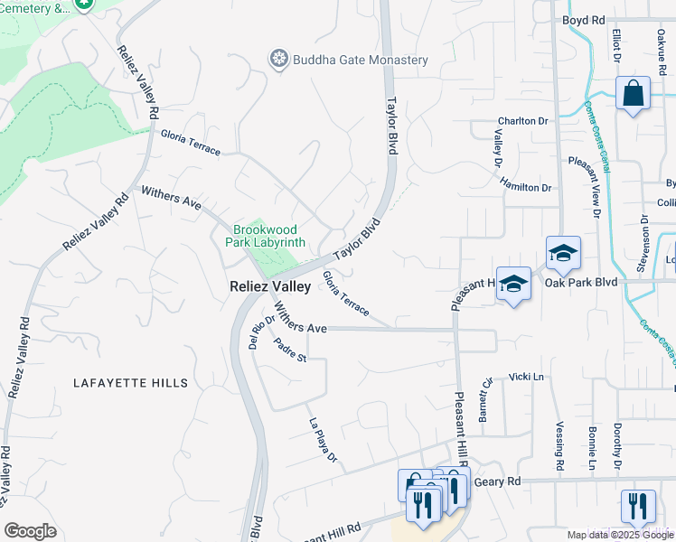 map of restaurants, bars, coffee shops, grocery stores, and more near Vía La Cumbre in Lafayette