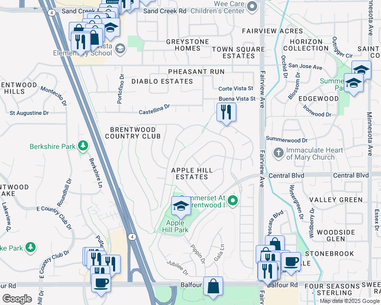 map of restaurants, bars, coffee shops, grocery stores, and more near 650 Rutherford Circle in Brentwood