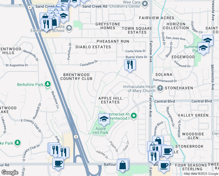 map of restaurants, bars, coffee shops, grocery stores, and more near 650 Rutherford Circle in Brentwood