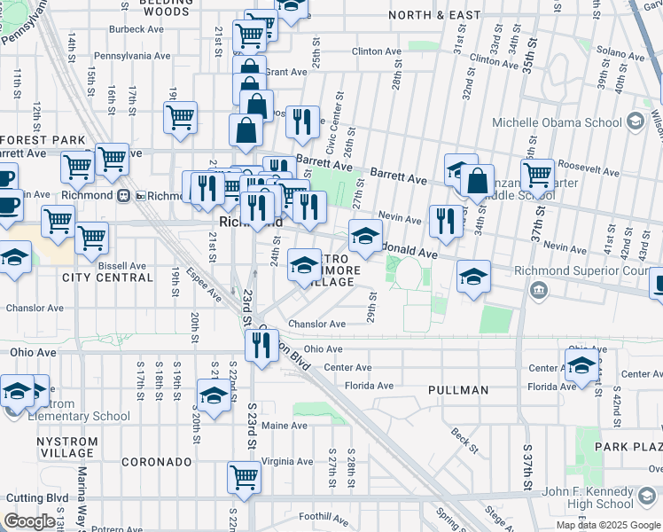 map of restaurants, bars, coffee shops, grocery stores, and more near 2 Broadway in Richmond