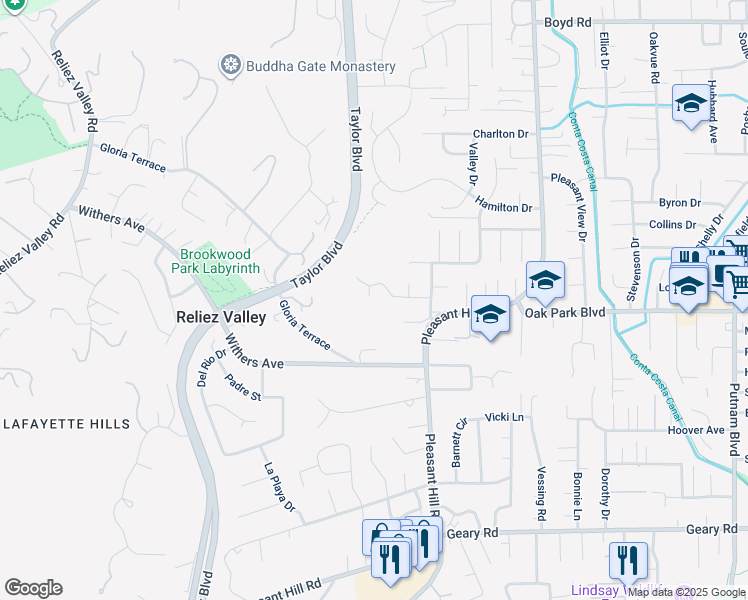 map of restaurants, bars, coffee shops, grocery stores, and more near 20 Belmont Court in Pleasant Hill