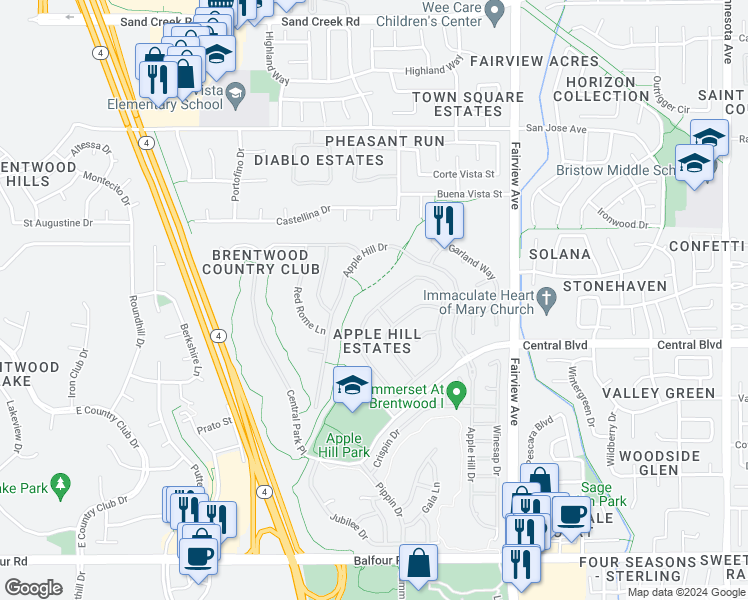 map of restaurants, bars, coffee shops, grocery stores, and more near 650 Rutherford Circle in Brentwood