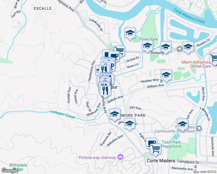 map of restaurants, bars, coffee shops, grocery stores, and more near in Larkspur