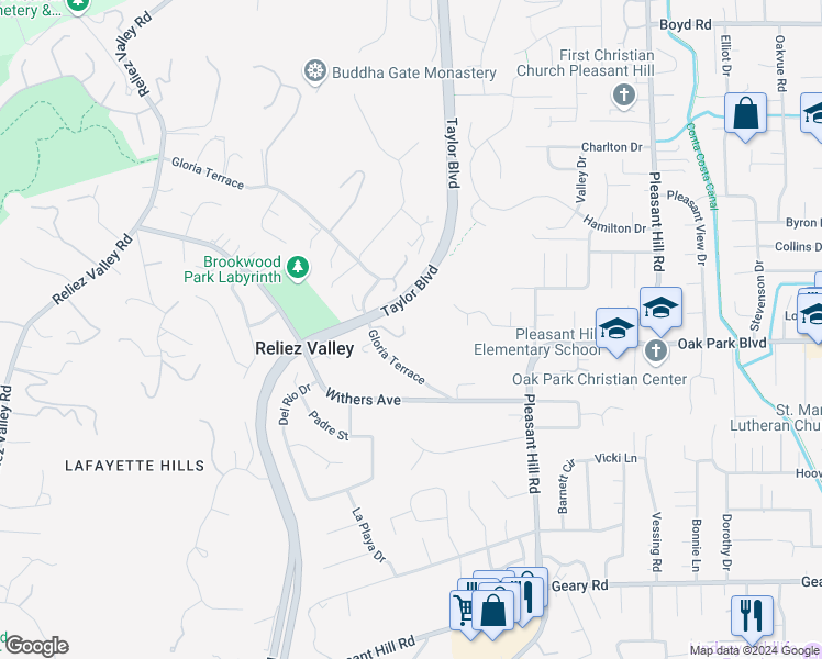map of restaurants, bars, coffee shops, grocery stores, and more near Vía La Cumbre in Lafayette