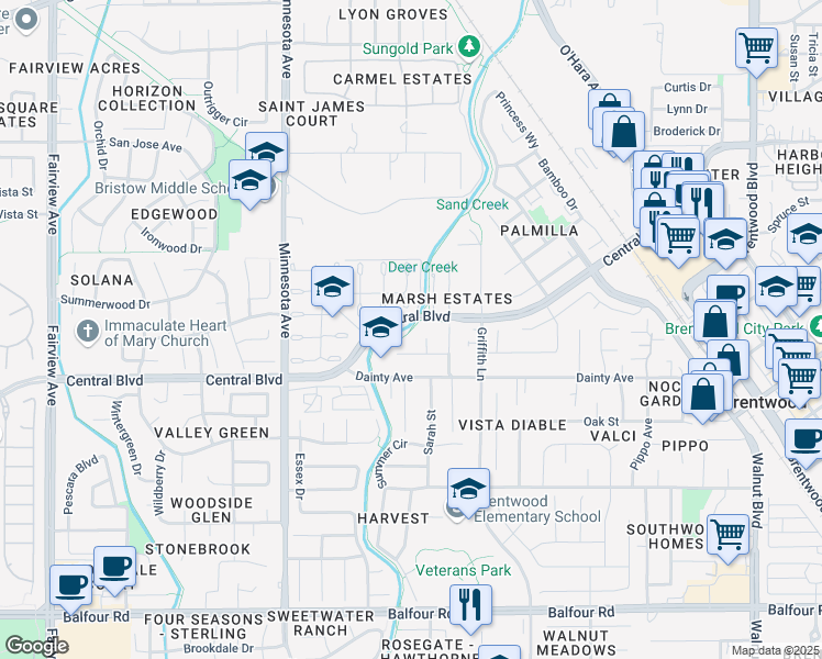 map of restaurants, bars, coffee shops, grocery stores, and more near in Brentwood