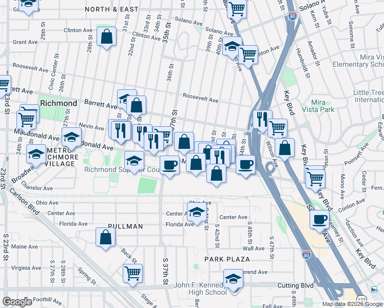 map of restaurants, bars, coffee shops, grocery stores, and more near 3838 Macdonald Avenue in Richmond