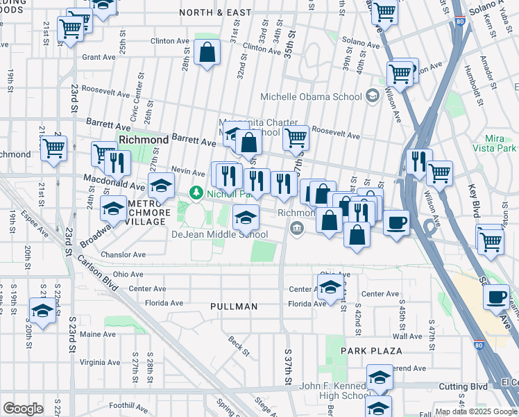 map of restaurants, bars, coffee shops, grocery stores, and more near Macdonald Avenue & 35th Street in Richmond