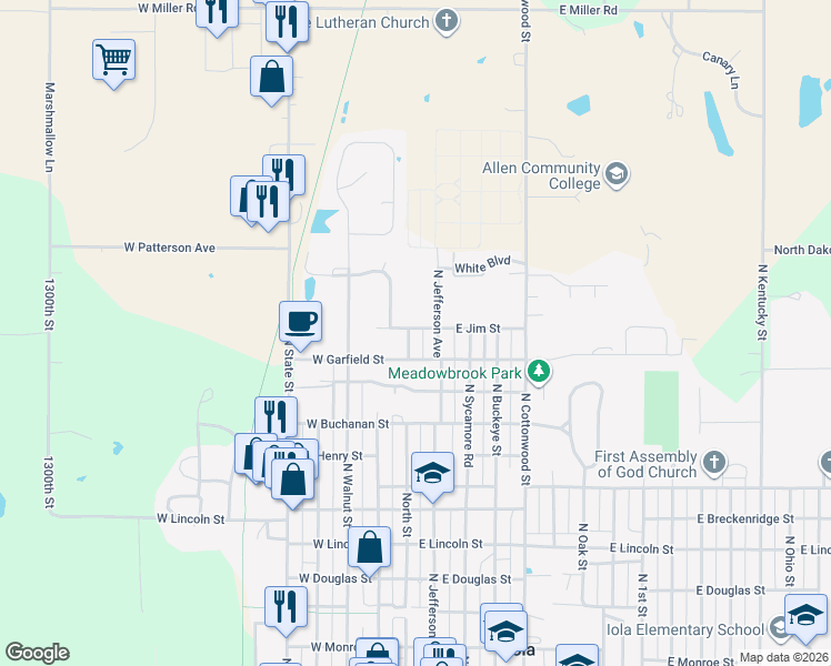 map of restaurants, bars, coffee shops, grocery stores, and more near 1101-1123 North Street in Iola