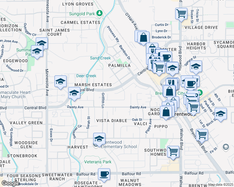 map of restaurants, bars, coffee shops, grocery stores, and more near 324 Bougainvilla Court in Brentwood