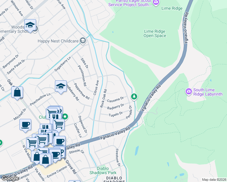 map of restaurants, bars, coffee shops, grocery stores, and more near 3501 Lime Tree Court in Walnut Creek