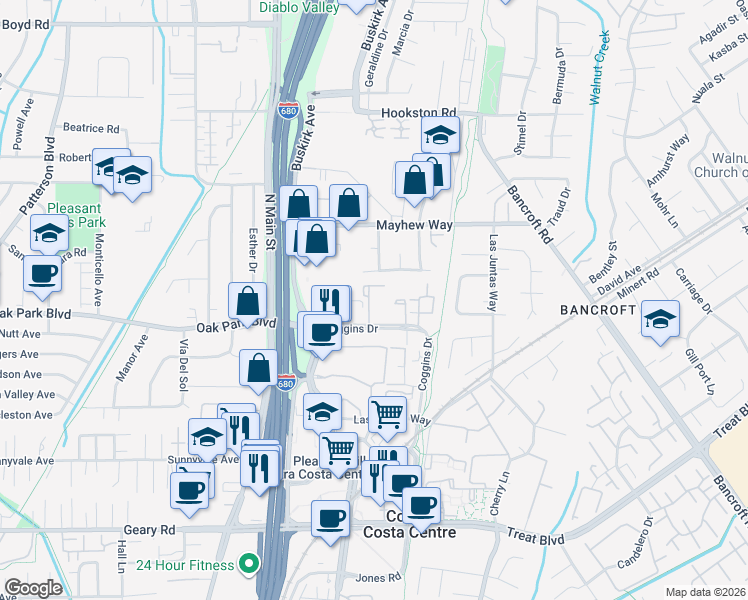 map of restaurants, bars, coffee shops, grocery stores, and more near 225 Coggins Drive in Pleasant Hill