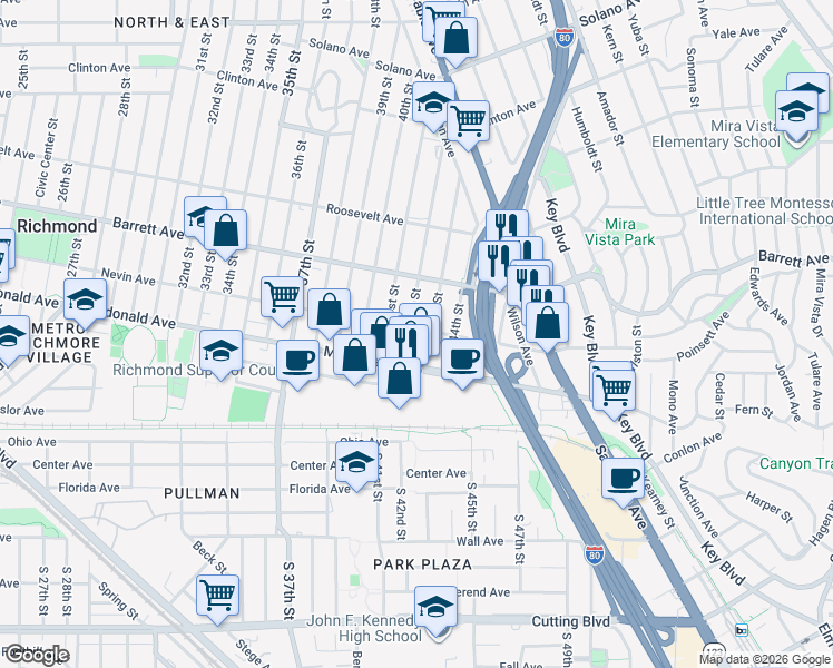 map of restaurants, bars, coffee shops, grocery stores, and more near 4212 Nevin Avenue in Richmond