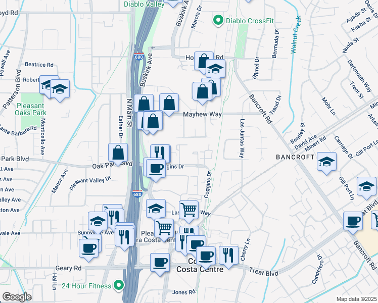 map of restaurants, bars, coffee shops, grocery stores, and more near 225 Coggins Drive in Pleasant Hill