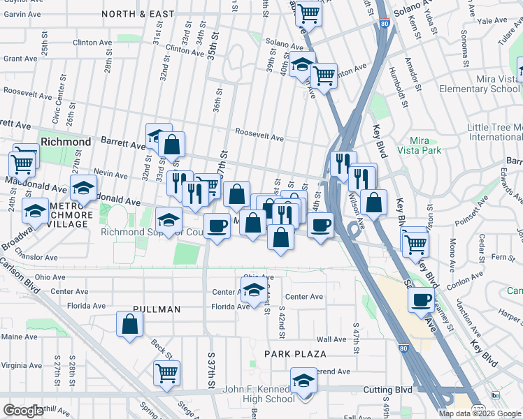 map of restaurants, bars, coffee shops, grocery stores, and more near 334 40th Street in Richmond