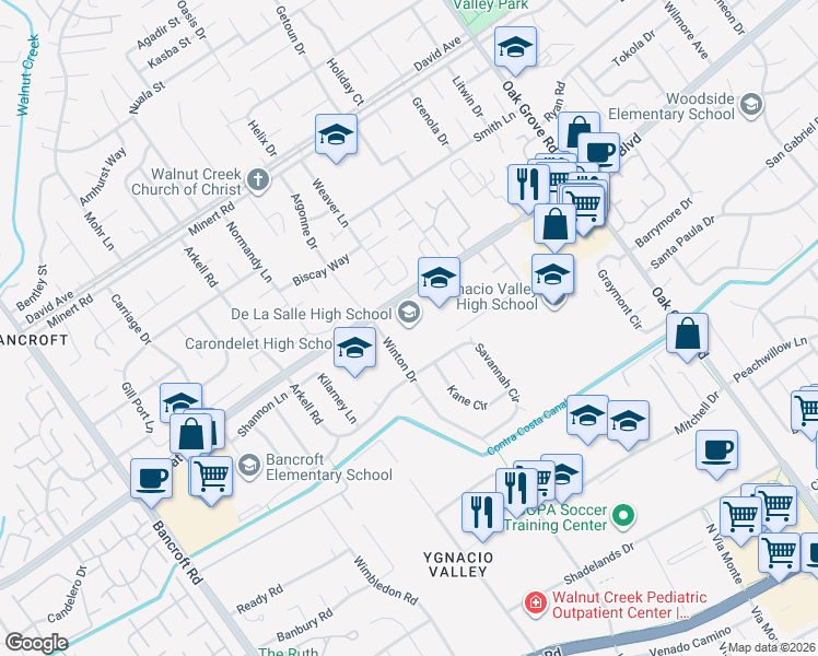 map of restaurants, bars, coffee shops, grocery stores, and more near 1130 Winton Drive in Concord