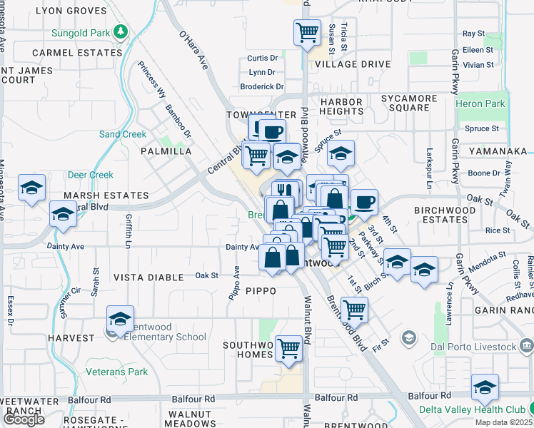 map of restaurants, bars, coffee shops, grocery stores, and more near 8335 Brentwood Boulevard in Brentwood