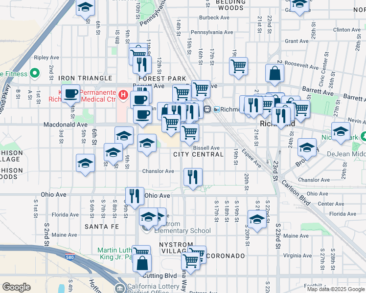 map of restaurants, bars, coffee shops, grocery stores, and more near 1403 Bissell Avenue in Richmond