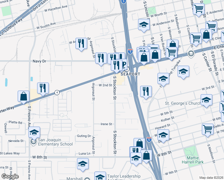 map of restaurants, bars, coffee shops, grocery stores, and more near 1717 South Stockton Street in Stockton