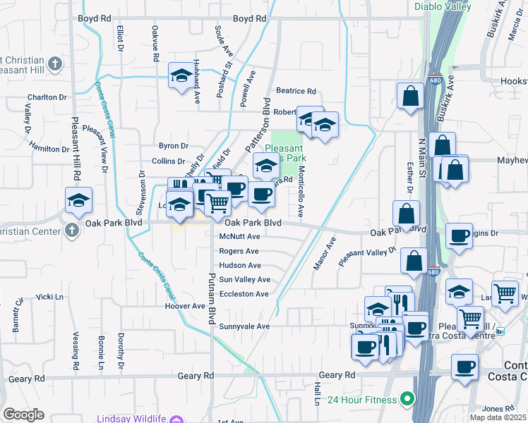 map of restaurants, bars, coffee shops, grocery stores, and more near 1795 Oak Park Boulevard in Pleasant Hill