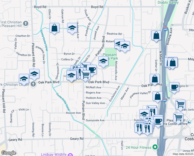 map of restaurants, bars, coffee shops, grocery stores, and more near 1835 Oak Park Boulevard in Pleasant Hill
