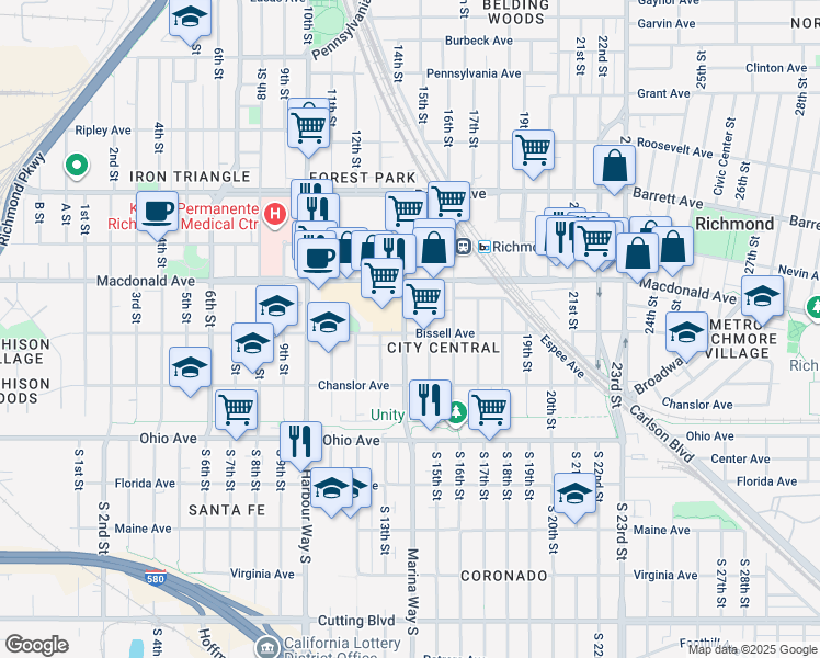 map of restaurants, bars, coffee shops, grocery stores, and more near 1407 Bissell Avenue in Richmond