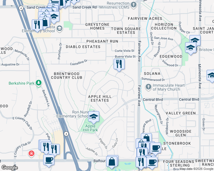 map of restaurants, bars, coffee shops, grocery stores, and more near 645 Devonshire Loop in Brentwood