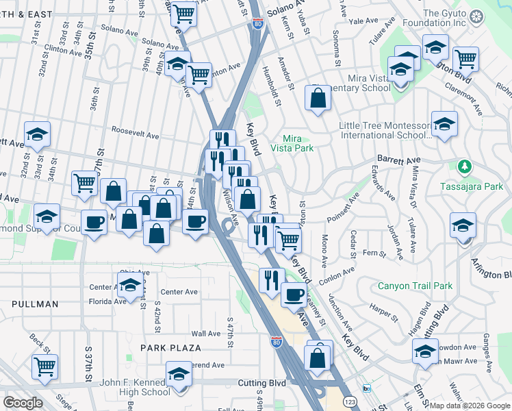map of restaurants, bars, coffee shops, grocery stores, and more near 4924 Nevin Avenue in Richmond