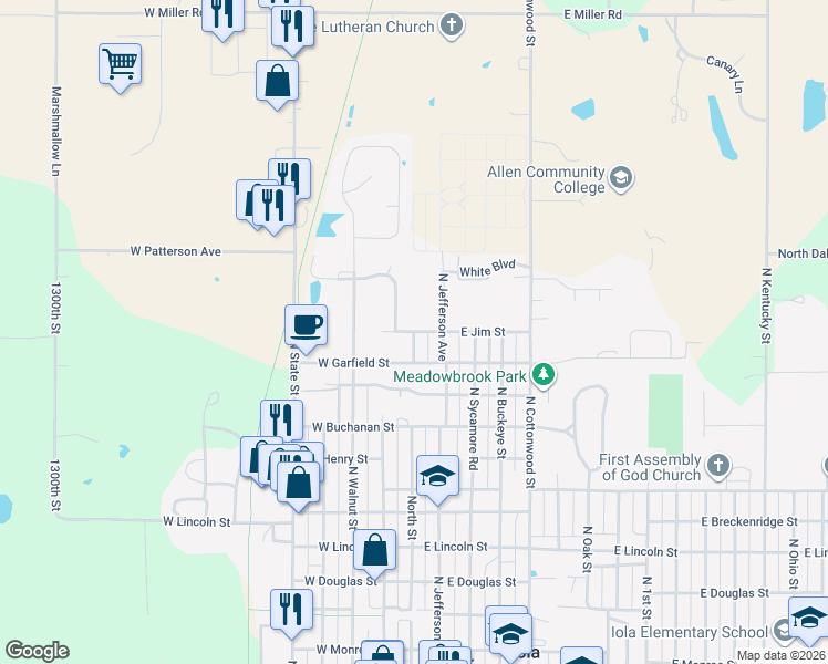 map of restaurants, bars, coffee shops, grocery stores, and more near 1101 North Street in Iola