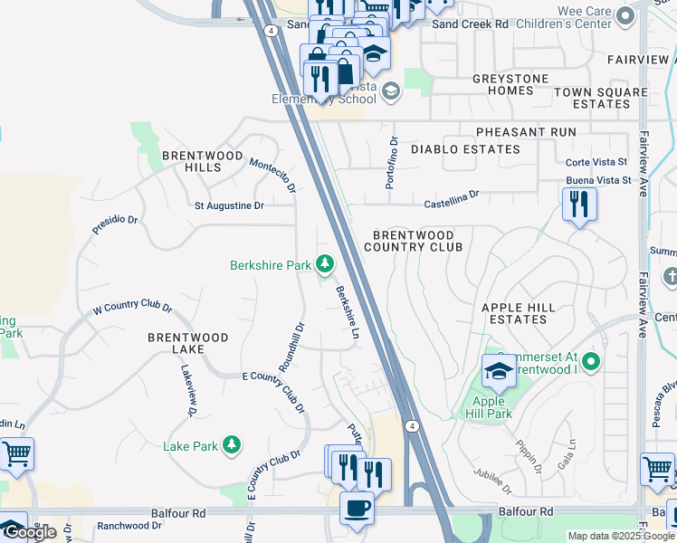 map of restaurants, bars, coffee shops, grocery stores, and more near 2384 Berkshire Lane in Brentwood