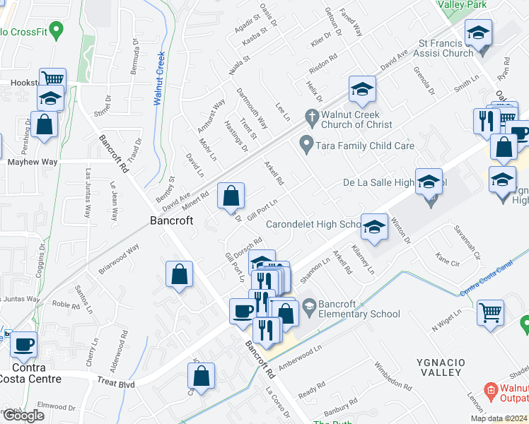 map of restaurants, bars, coffee shops, grocery stores, and more near 2311 Gill Port Lane in Walnut Creek