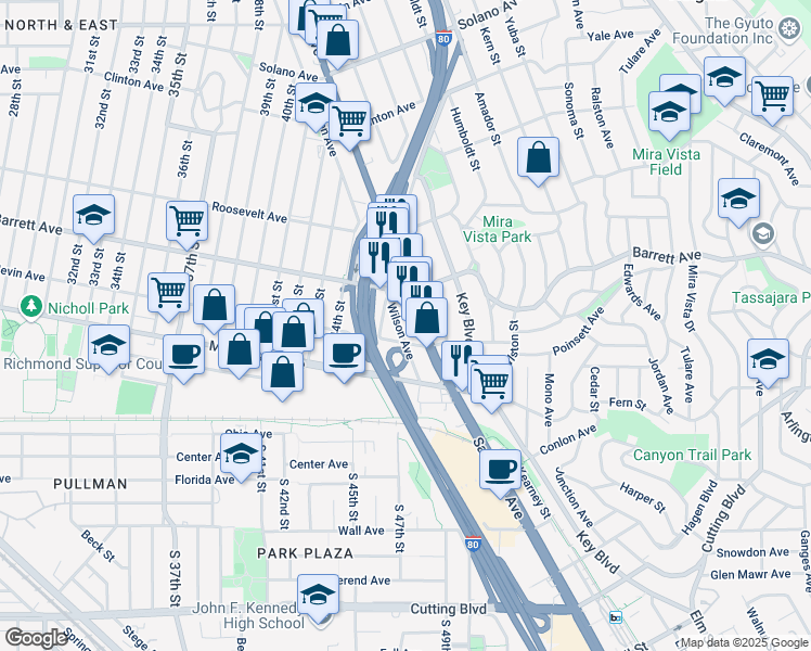 map of restaurants, bars, coffee shops, grocery stores, and more near 418 Wilson Avenue in Richmond