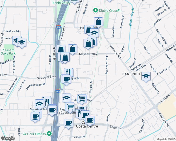 map of restaurants, bars, coffee shops, grocery stores, and more near 184 Ludell Drive in Walnut Creek