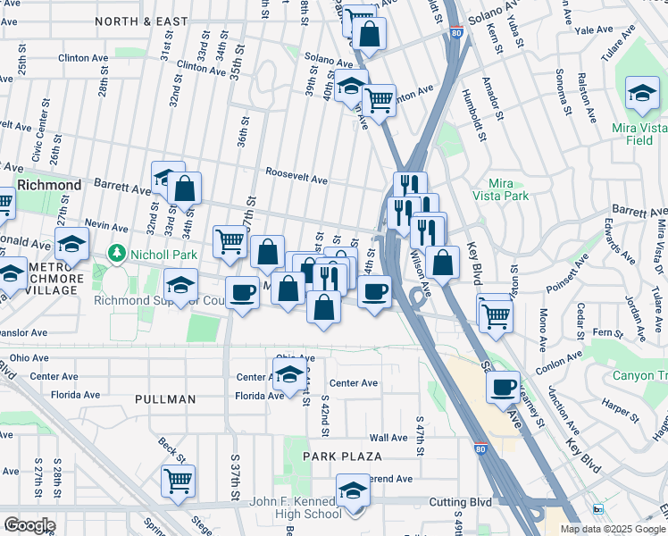 map of restaurants, bars, coffee shops, grocery stores, and more near 428 42nd Street in Richmond